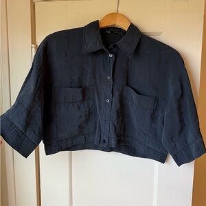 Black Cropped Button-Up Shirt